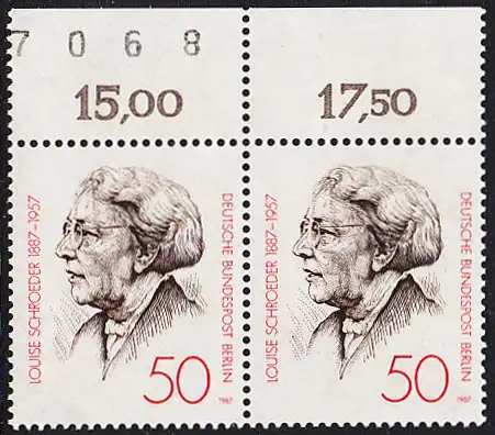 BERLIN 1987 Michel-Nummer 779 postfrisch horiz.PAAR RAND oben (b/BZ) - Louise Schroeder, Politikerin, Oberbürgermeisterin von Berlin