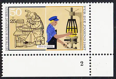BERLIN 1987 Michel-Nummer 780 postfrisch EINZELMARKE ECKRAND unten rechts (FN) - Handwerksberufe: Böttcher