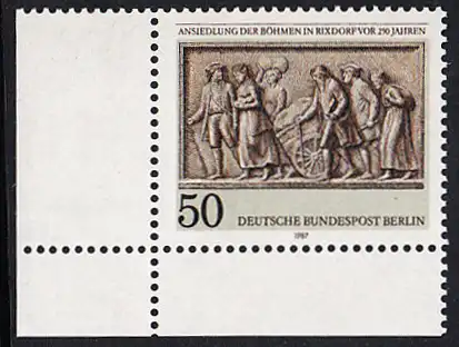 BERLIN 1987 Michel-Nummer 784 postfrisch EINZELMARKE ECKRAND unten links - Ansiedlung der Böhmen in Rixdorf vor 250 Jahren