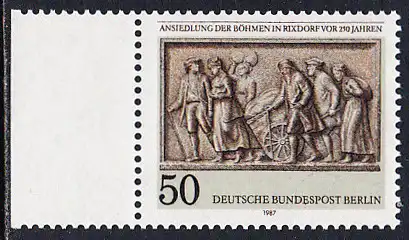 BERLIN 1987 Michel-Nummer 784 postfrisch EINZELMARKE RAND links - Ansiedlung der Böhmen in Rixdorf vor 250 Jahren