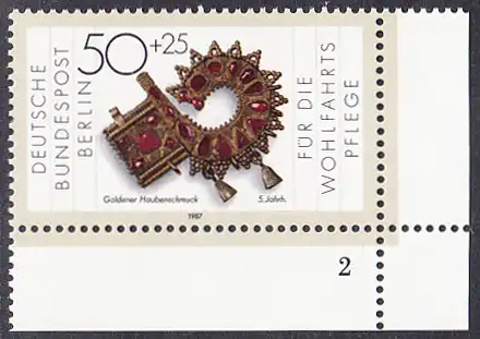 BERLIN 1987 Michel-Nummer 789 postfrisch EINZELMARKE ECKRAND unten rechts (FN) - Gold- und Silberschmiedekunst: Goldener Haubenschmuck