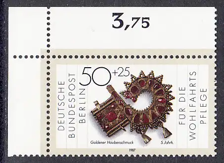 BERLIN 1987 Michel-Nummer 789 postfrisch EINZELMARKE ECKRAND oben links - Gold- und Silberschmiedekunst: Goldener Haubenschmuck