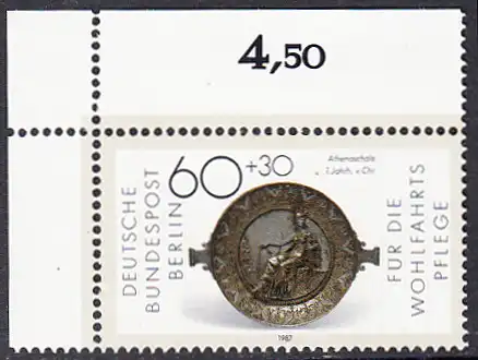 BERLIN 1987 Michel-Nummer 790 postfrisch EINZELMARKE ECKRAND oben links - Gold- und Silberschmiedekunst: Athenaschale