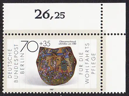 BERLIN 1987 Michel-Nummer 791 postfrisch EINZELMARKE ECKRAND oben rechts - Gold- und Silberschmiedekunst: Oberarmschmuck Armilla