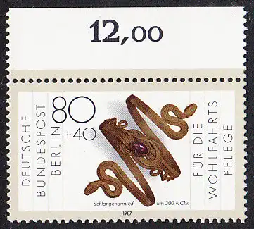 BERLIN 1987 Michel-Nummer 792 postfrisch EINZELMARKE RAND oben - Gold- und Silberschmiedekunst:: Schlangenarmreif
