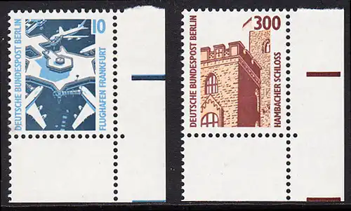 BERLIN 1988 Michel-Nummer 798-799 postfrisch SATZ(2) EINZELMARKEN ECKRÄNDER unten rechts - Sehenswürdigkeiten: Flughafen Frankfurt/Main / Hambacher Schloss