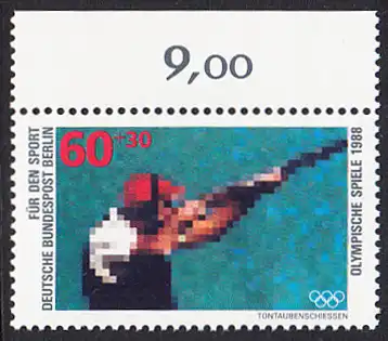 BERLIN 1988 Michel-Nummer 801 postfrisch EINZELMARKE RAND oben (a) - Sporthilfe: Olympische Winterspiele, Calgary / Olympische Sommerspiele, Seoul (Tontaubenschießen)
