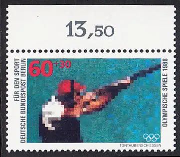 BERLIN 1988 Michel-Nummer 801 postfrisch EINZELMARKE RAND oben (b) - Sporthilfe: Olympische Winterspiele, Calgary / Olympische Sommerspiele, Seoul (Tontaubenschießen)