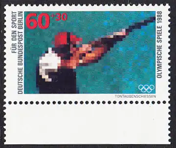 BERLIN 1988 Michel-Nummer 801 postfrisch EINZELMARKE RAND unten - Sporthilfe: Olympische Winterspiele, Calgary / Olympische Sommerspiele, Seoul (Tontaubenschießen)