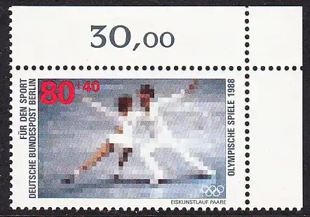 BERLIN 1988 Michel-Nummer 802 postfrisch EINZELMARKE ECKRAND oben rechts - Sporthilfe: Olympische Winterspiele, Calgary / Olympische Sommerspiele, Seoul (Eiskunstlauf)