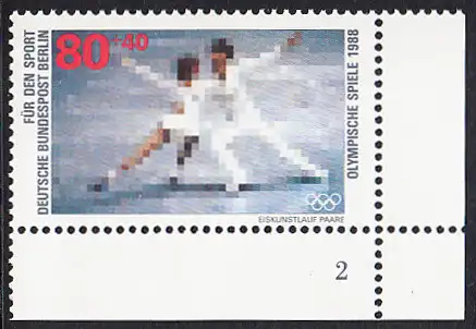 BERLIN 1988 Michel-Nummer 802 postfrisch EINZELMARKE ECKRAND unten rechts (FN) - Sporthilfe: Olympische Winterspiele, Calgary / Olympische Sommerspiele, Seoul (Eiskunstlauf)