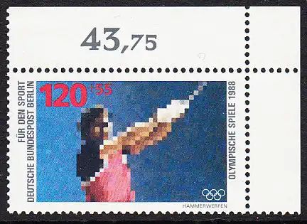 BERLIN 1988 Michel-Nummer 803 postfrisch EINZELMARKE ECKRAND oben rechts - Sporthilfe: Olympische Winterspiele, Calgary / Olympische Sommerspiele, Seoul (Hammerwerfen)