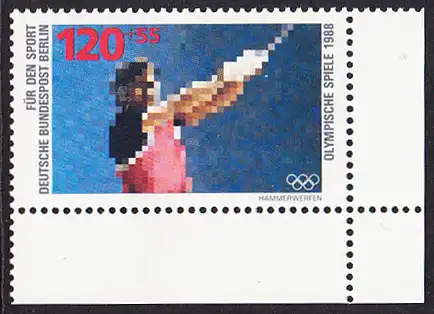 BERLIN 1988 Michel-Nummer 803 postfrisch EINZELMARKE ECKRAND unten rechts - Sporthilfe: Olympische Winterspiele, Calgary / Olympische Sommerspiele, Seoul (Hammerwerfen)