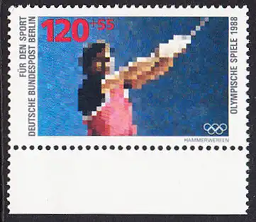 BERLIN 1988 Michel-Nummer 803 postfrisch EINZELMARKE RAND unten - Sporthilfe: Olympische Winterspiele, Calgary / Olympische Sommerspiele, Seoul (Hammerwerfen)