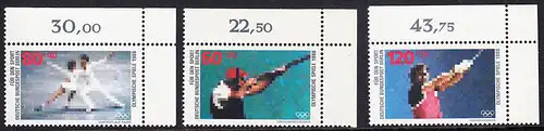 BERLIN 1988 Michel-Nummer 801-803 postfrisch SATZ(3) EINZELMARKEN ECKRÄNDER oben rechts - Sporthilfe: Olympische Winterspiele, Calgary / Olympische Sommerspiele, Seoul