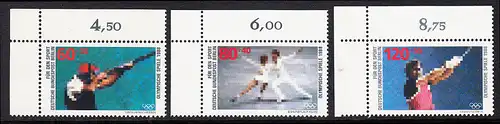 BERLIN 1988 Michel-Nummer 801-803 postfrisch SATZ(3) EINZELMARKEN ECKRÄNDER oben links - Sporthilfe: Olympische Winterspiele, Calgary / Olympische Sommerspiele, Seoul