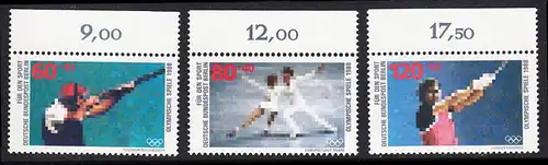 BERLIN 1988 Michel-Nummer 801-803 postfrisch SATZ(3) EINZELMARKEN RÄNDER oben - Sporthilfe: Olympische Winterspiele, Calgary / Olympische Sommerspiele, Seoul