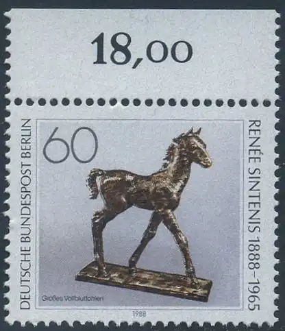 BERLIN 1988 Michel-Nummer 805 postfrisch EINZELMARKE RAND oben (a) - Renée Sintenis, Bildhauerin (Großes Vollblutfohlen)