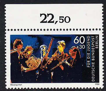 BERLIN 1988 Michel-Nummer 808 postfrisch EINZELMARKE RAND oben - Wettbewerb Jugend musiziert: Bläserquintett