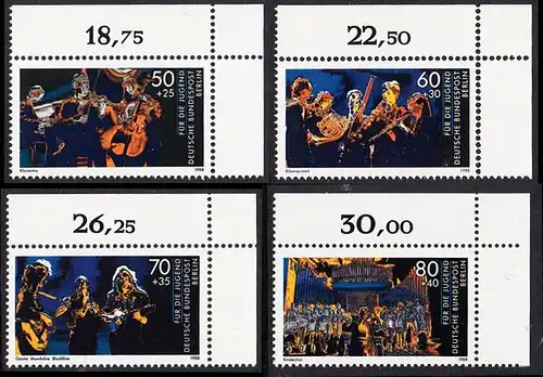 BERLIN 1988 Michel-Nummer 807-810 postfrisch SATZ(4) EINZELMARKEN ECKRÄNDER oben rechts - Wettbewerb Jugend musiziert
