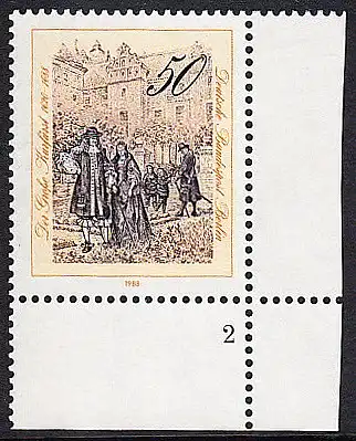 BERLIN 1988 Michel-Nummer 813 postfrisch EINZELMARKE ECKRAND unten rechts (FN/a) - Friedrich Wilhelm, Kurfürst von Brandenburg, mit seiner Familie im Garten des Berliner Schlosses