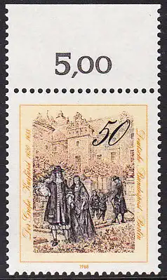 BERLIN 1988 Michel-Nummer 813 postfrisch EINZELMARKE RAND oben (a) - Friedrich Wilhelm, Kurfürst von Brandenburg, mit seiner Familie im Garten des Berliner Schlosses