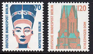 BERLIN 1988 Michel-Nummer 814-815 postfrisch SATZ(2) EINZELMARKEN - Sehenswürdigkeiten: Nofretete-Büste, Berlin / St.-Petri-Dom, Schleswig