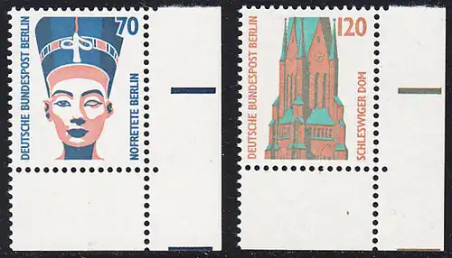 BERLIN 1988 Michel-Nummer 814-815 postfrisch SATZ(2) EINZELMARKEN ECKRÄNDER unten rechts - Sehenswürdigkeiten: Nofretete-Büste, Berlin / St.-Petri-Dom, Schleswig