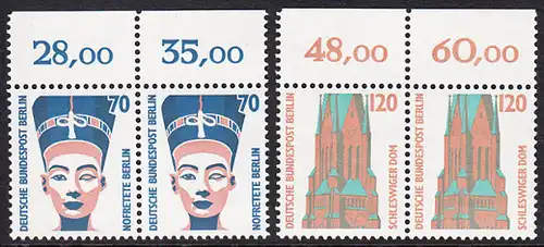 BERLIN 1988 Michel-Nummer 814-815 postfrisch SATZ(2) horiz.PAARE RÄNDER oben (a) - Sehenswürdigkeiten: Nofretete-Büste, Berlin / St.-Petri-Dom, Schleswig