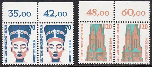 BERLIN 1988 Michel-Nummer 814-815 postfrisch SATZ(2) horiz.PAARE RÄNDER oben (b) - Sehenswürdigkeiten: Nofretete-Büste, Berlin / St.-Petri-Dom, Schleswig