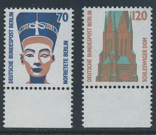 BERLIN 1988 Michel-Nummer 814-815 postfrisch SATZ(2) EINZELMARKEN RÄNDER unten - Sehenswürdigkeiten: Nofretete-Büste, Berlin / St.-Petri-Dom, Schleswig