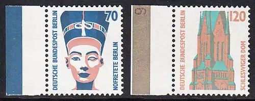 BERLIN 1988 Michel-Nummer 814-815 postfrisch SATZ(2) EINZELMARKEN RÄNDER links (a) - Sehenswürdigkeiten: Nofretete-Büste, Berlin / St.-Petri-Dom, Schleswig