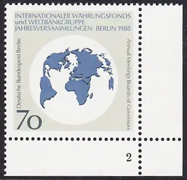 BERLIN 1988 Michel-Nummer 817 postfrisch EINZELMARKE ECKRAND unten rechts (FN/b) - Jahresversammlungen des Internationalen Währungsfonds (IWF) und der Weltbankgruppe, Berlin