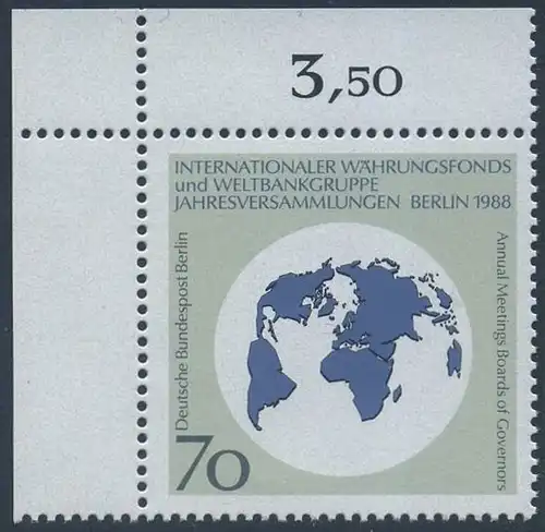 BERLIN 1988 Michel-Nummer 817 postfrisch EINZELMARKE ECKRAND oben links - Jahresversammlungen des Internationalen Währungsfonds (IWF) und der Weltbankgruppe, Berlin