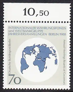 BERLIN 1988 Michel-Nummer 817 postfrisch EINZELMARKE RAND oben - Jahresversammlungen des Internationalen Währungsfonds (IWF) und der Weltbankgruppe, Berlin