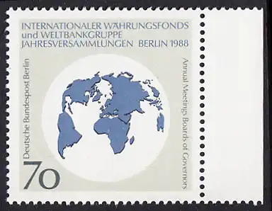 BERLIN 1988 Michel-Nummer 817 postfrisch EINZELMARKE RAND rechts - Jahresversammlungen des Internationalen Währungsfonds (IWF) und der Weltbankgruppe, Berlin