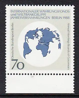 BERLIN 1988 Michel-Nummer 817 postfrisch EINZELMARKE RAND unten - Jahresversammlungen des Internationalen Währungsfonds (IWF) und der Weltbankgruppe, Berlin