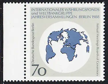 BERLIN 1988 Michel-Nummer 817 postfrisch EINZELMARKE RAND links - Jahresversammlungen des Internationalen Währungsfonds (IWF) und der Weltbankgruppe, Berlin