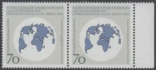 BERLIN 1988 Michel-Nummer 817 postfrisch horiz.PAAR RAND rechts - Jahresversammlungen des Internationalen Währungsfonds (IWF) und der Weltbankgruppe, Berlin