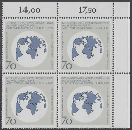 BERLIN 1988 Michel-Nummer 817 postfrisch BLOCK ECKRAND oben rechts - Jahresversammlungen des Internationalen Währungsfonds (IWF) und der Weltbankgruppe, Berlin