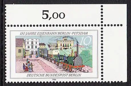 BERLIN 1988 Michel-Nummer 822 postfrisch EINZELMARKE ECKRAND oben rechts - Eisenbahn Berlin-Potsdam