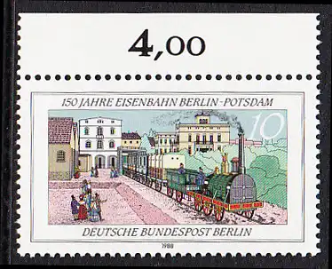 BERLIN 1988 Michel-Nummer 822 postfrisch EINZELMARKE RAND oben (b) - Eisenbahn Berlin-Potsdam