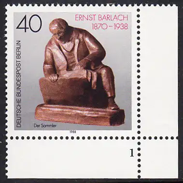 BERLIN 1988 Michel-Nummer 823 postfrisch EINZELMARKE ECKRAND unten rechts (FN) - Ernst Barlach, Bildhauer, Grafiker und Dichter