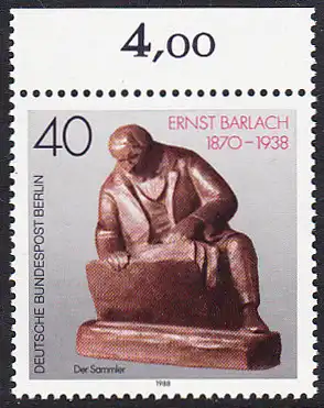 BERLIN 1988 Michel-Nummer 823 postfrisch EINZELMARKE RAND oben (a) - Ernst Barlach, Bildhauer, Grafiker und Dichter