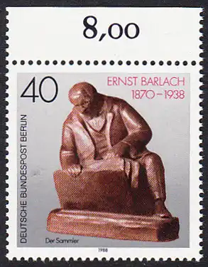 BERLIN 1988 Michel-Nummer 823 postfrisch EINZELMARKE RAND oben (b) - Ernst Barlach, Bildhauer, Grafiker und Dichter