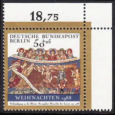 BERLIN 1988 Michel-Nummer 829 postfrisch EINZELMARKE ECKRAND oben rechts - Weihnachten