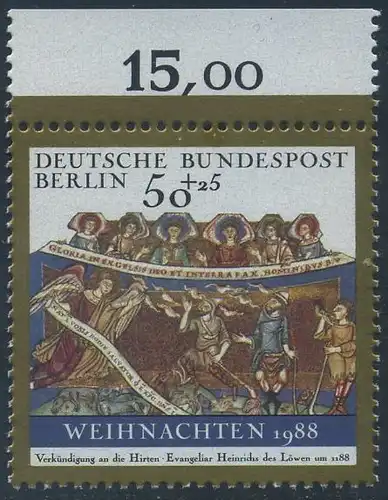 BERLIN 1988 Michel-Nummer 829 postfrisch EINZELMARKE RAND oben - Weihnachten