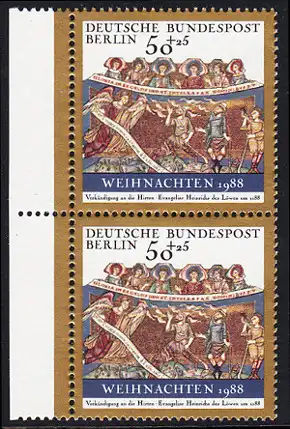 BERLIN 1988 Michel-Nummer 829 postfrisch vert.PAAR RAND links - Weihnachten