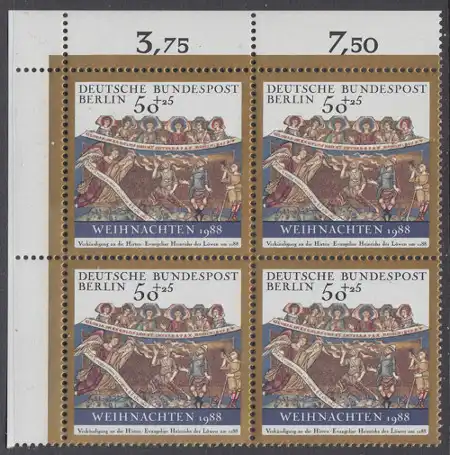 BERLIN 1988 Michel-Nummer 829 postfrisch BLOCK ECKRAND oben links - Weihnachten
