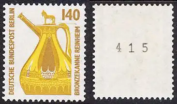 BERLIN 1989 Michel-Nummer 832 postfrisch EINZELMARKE m/ rücks.Rollennummer 415 - Sehenswürdigkeiten: Bronzekanne, Reinheim